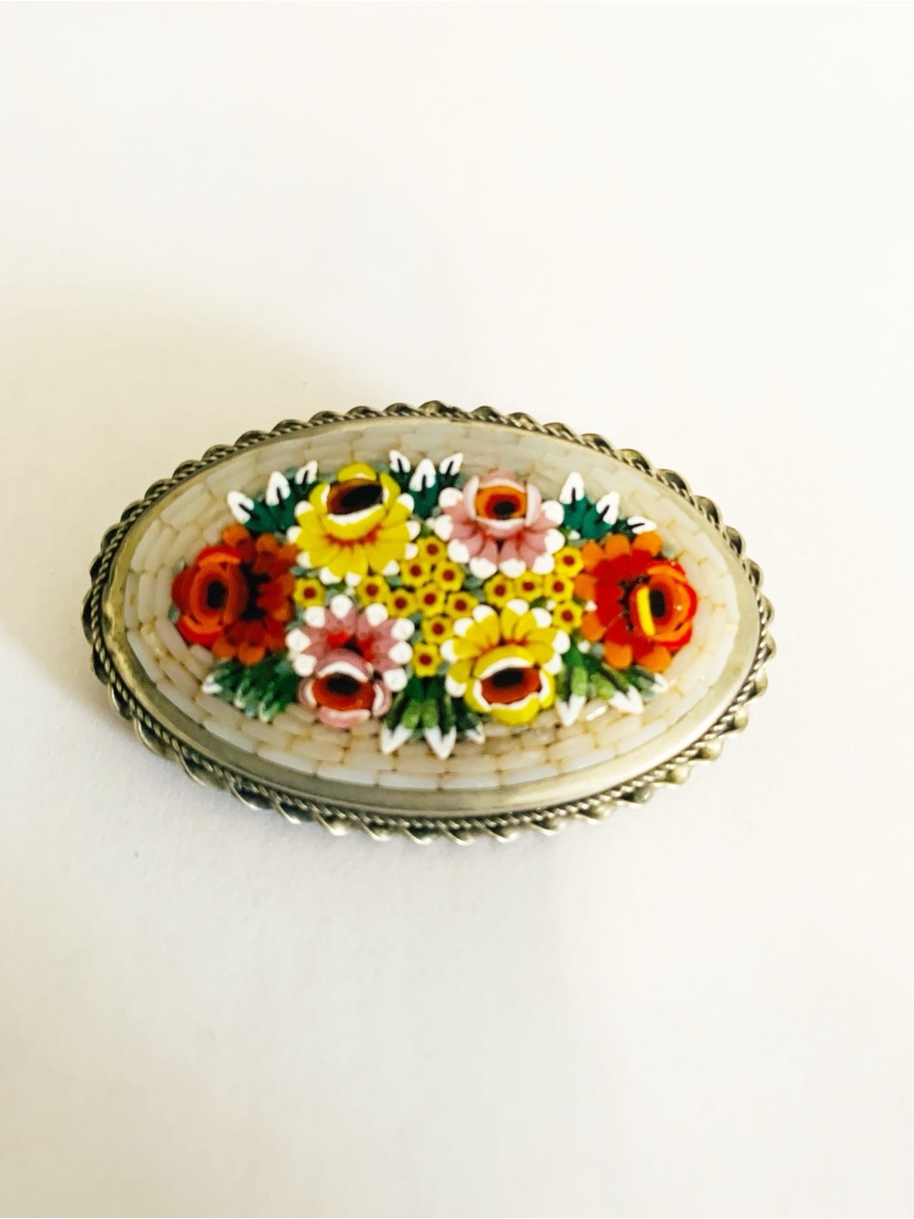 Vintage Italian Micro Mosaic Floral Brooch - Handcrafted Glass Inlay Pin